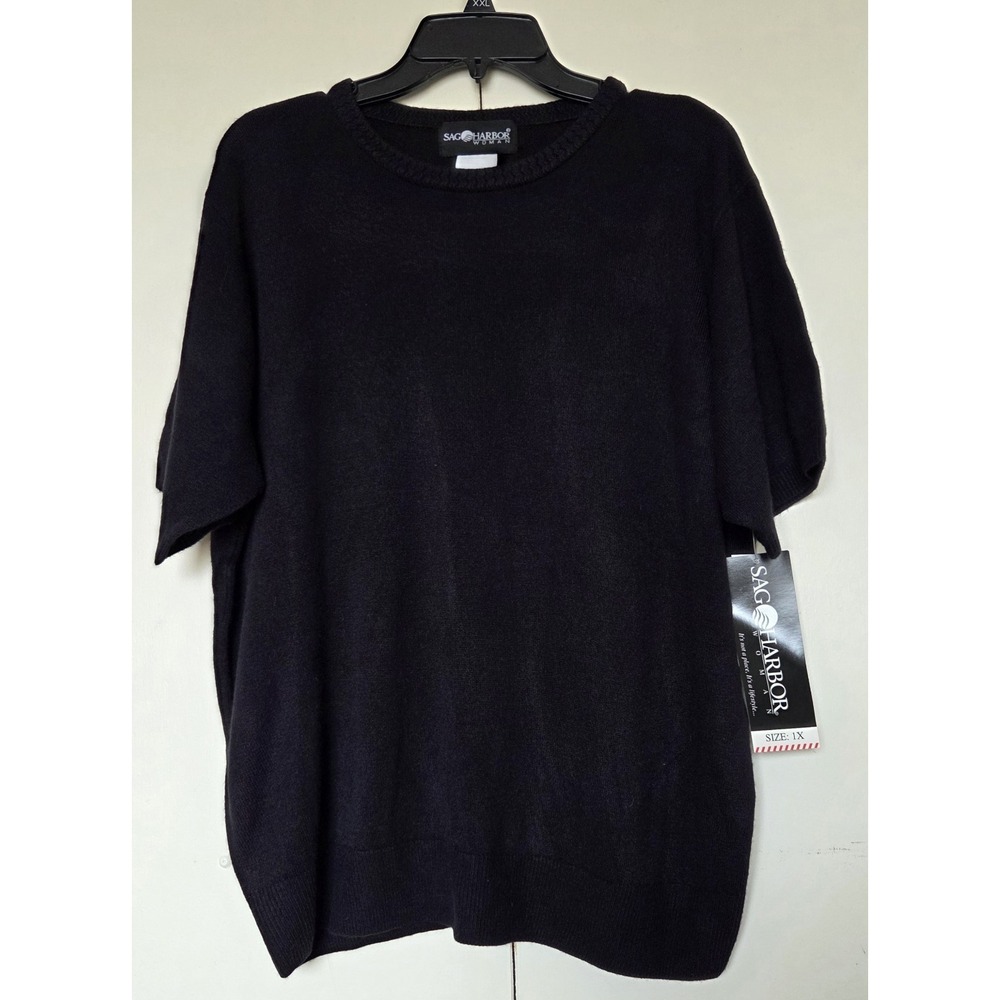 SAG HARBOR WOMAN Black Short Sleeve Knit Sweater Crew Neck ~NWT~